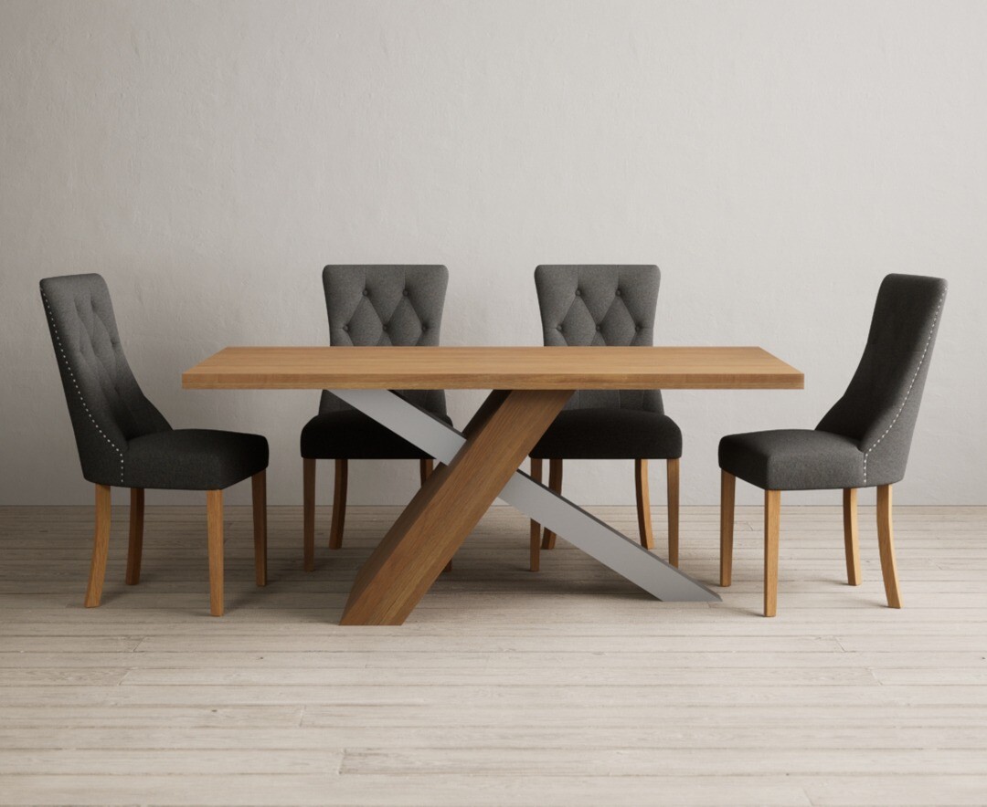 Product photograph of Michigan 180cm Solid Oak And Metal Industrial Dining Table With 6 Grey Beatrix Chairs from Oak Furniture Superstore
