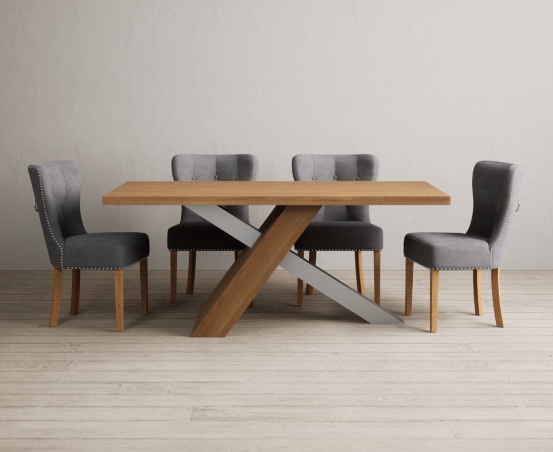 Product photograph of Michigan 180cm Solid Oak And Metal Industrial Dining Table With 8 Grey Keswick Chairs from Oak Furniture Superstore