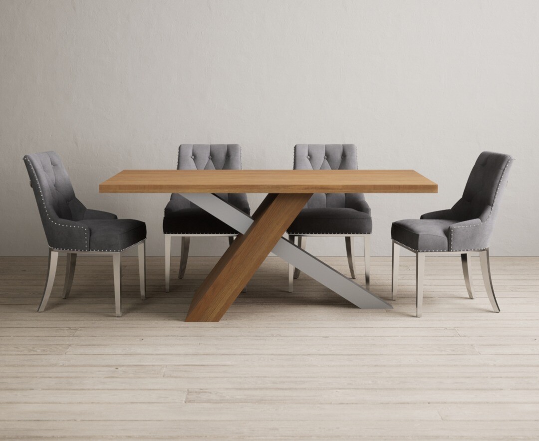 Product photograph of Michigan 180cm Solid Oak And Metal Industrial Dining Table With 6 Grey Sienna Chairs from Oak Furniture Superstore