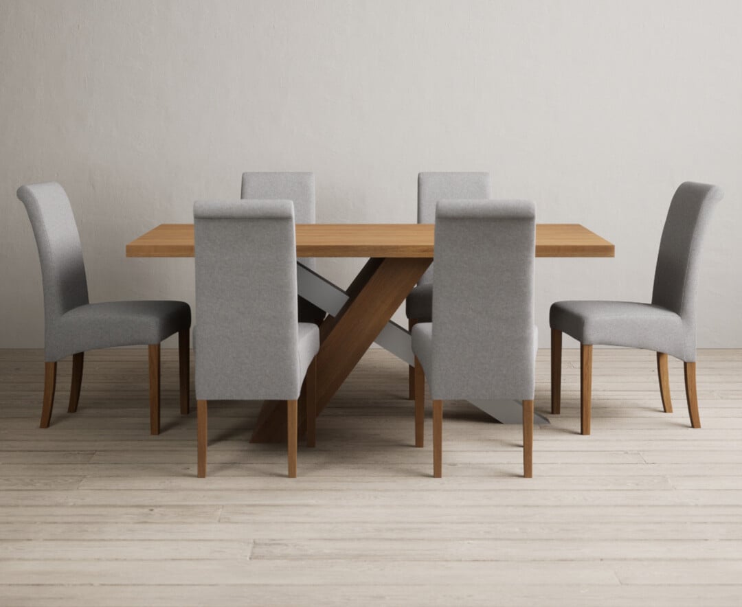 Michigan 180cm Solid Oak And Metal Industrial Dining Table With 6 Blue Scroll Back Chairs