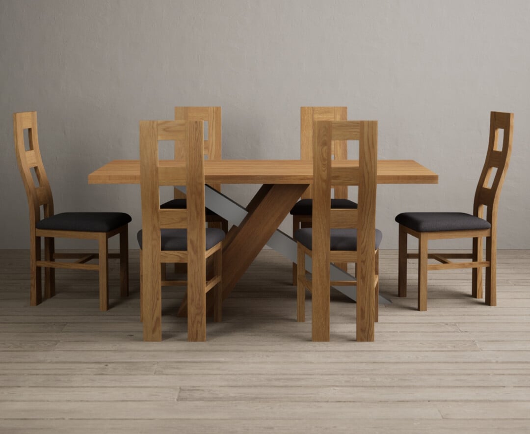 Michigan 180cm Solid Oak And Metal Industrial Dining Table With 8 Blue Natural Chairs