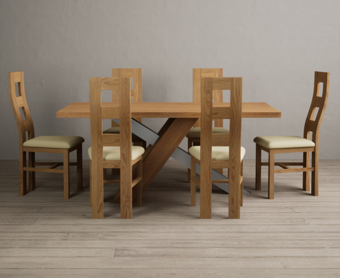 Michigan 180cm Solid Oak And Metal Industrial Dining Table With 8 Grey Natural Solid Oak Chairs