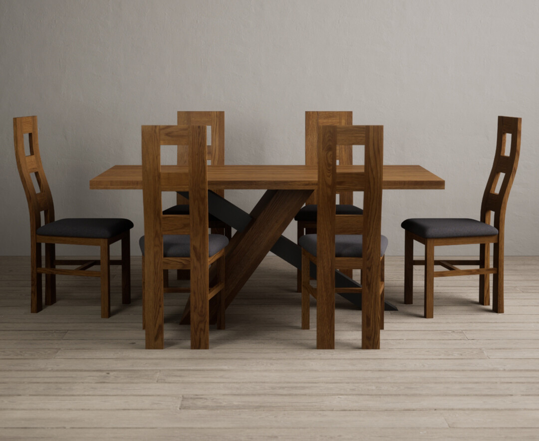 Michigan 180cm Rustic Oak And Metal Black Leg Industrial Dining Table With 8 Charcoal Grey Rustic Solid Oak Chairs