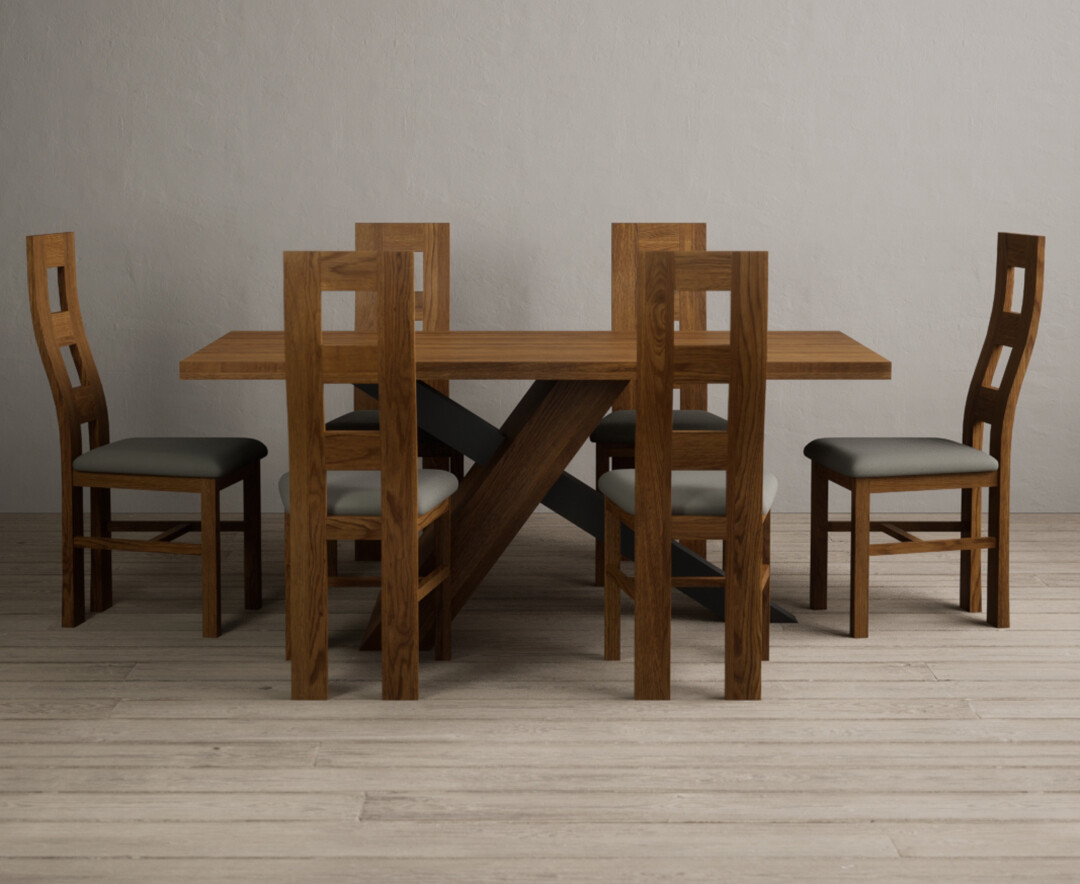 Michigan 180cm Rustic Oak And Metal Black Leg Industrial Dining Table With 6 Cream Rustic Solid Oak Chairs
