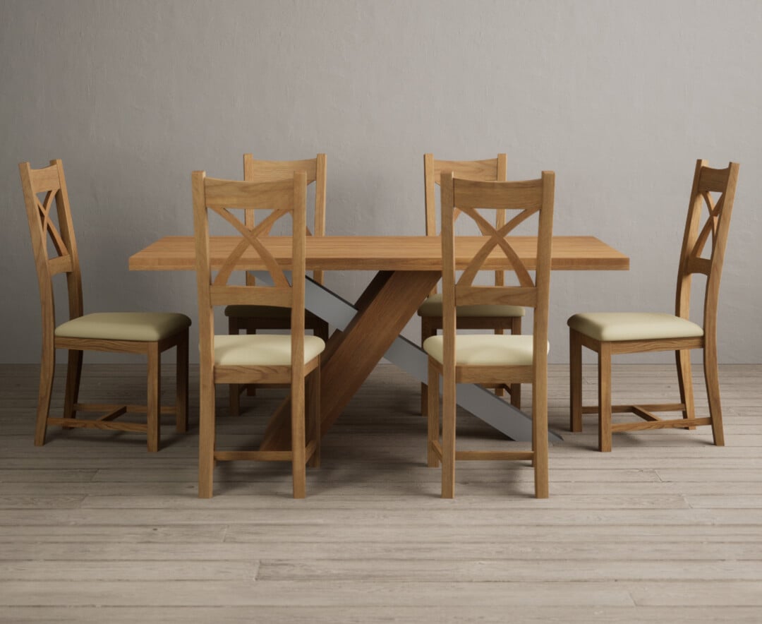 Michigan 180cm Solid Oak And Metal Industrial Dining Table With 6 Brown Natural Solid Oak Chairs