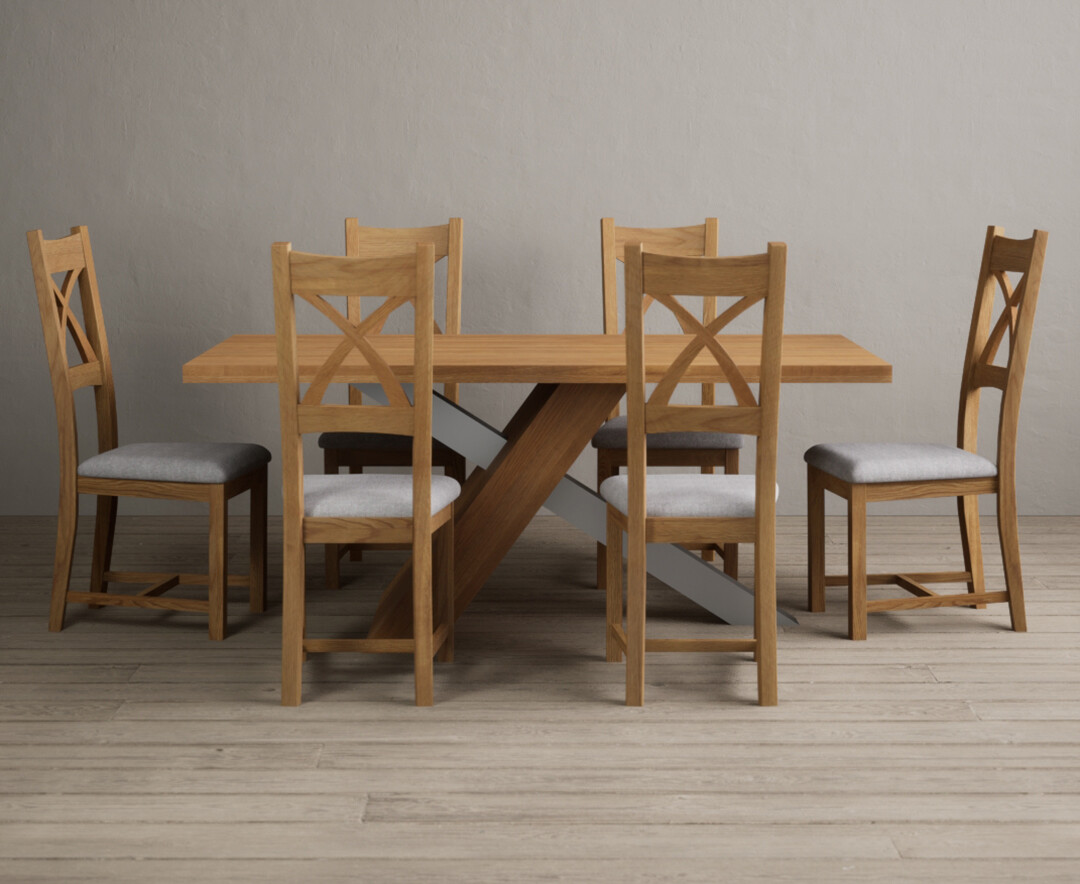 Michigan 180cm Solid Oak And Metal Industrial Dining Table With 6 Light Grey Natural Solid Oak Chairs