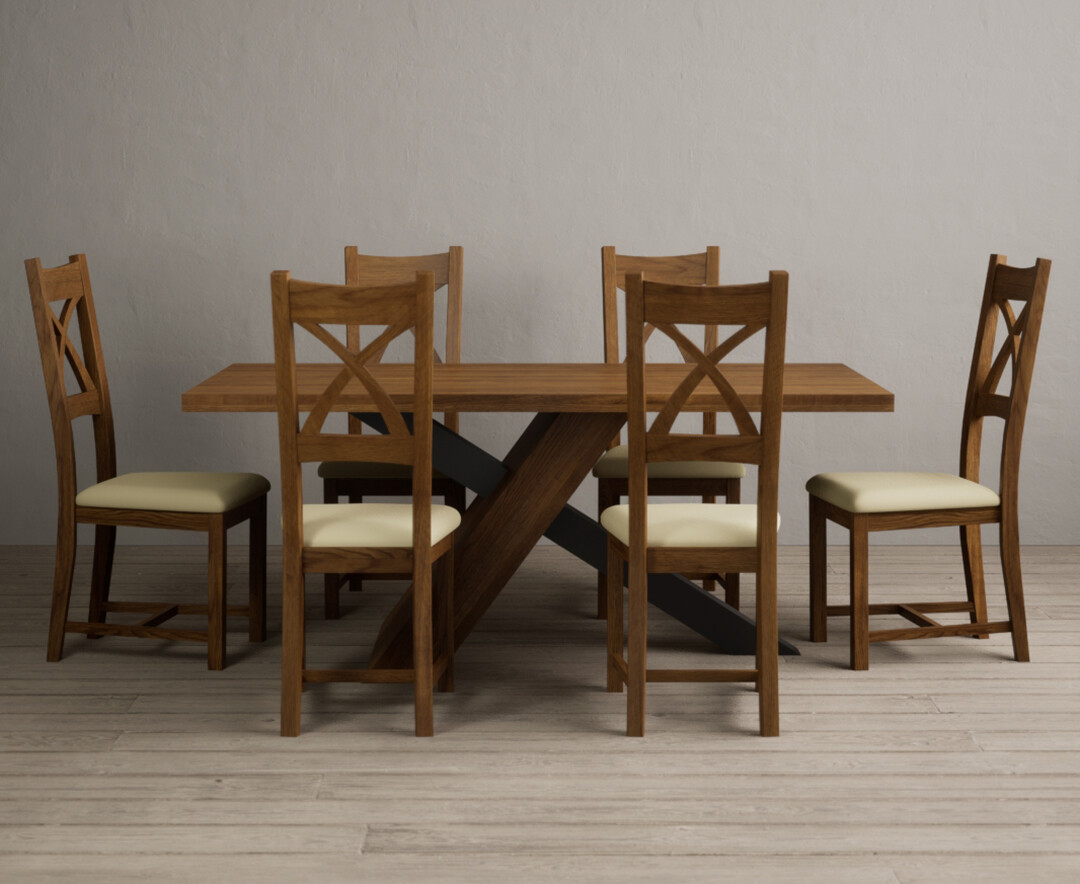 Michigan 180cm Rustic Oak And Metal Black Leg Industrial Dining Table With 6 Grey Rustic Solid Oak Chairs