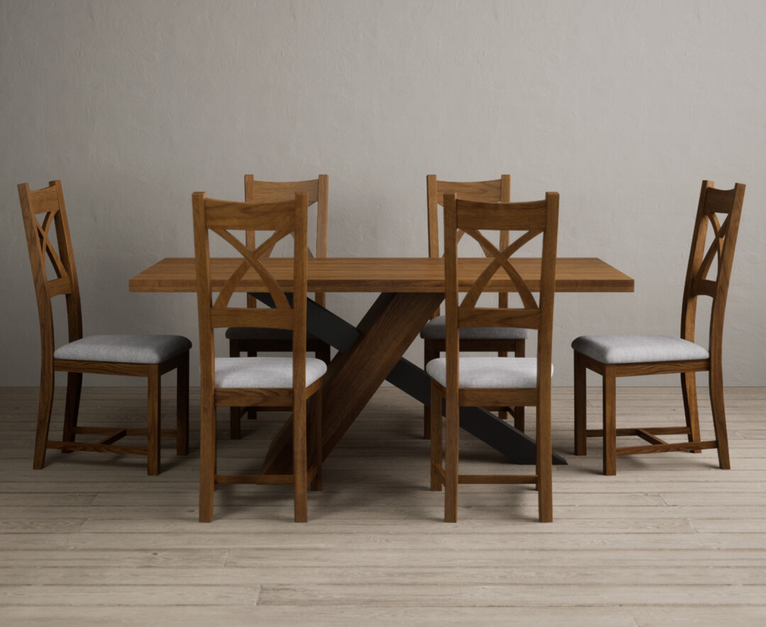 Michigan 180cm Rustic Oak And Metal Black Leg Industrial Dining Table With 6 Rustic Oak Rustic Solid Oak Chairs