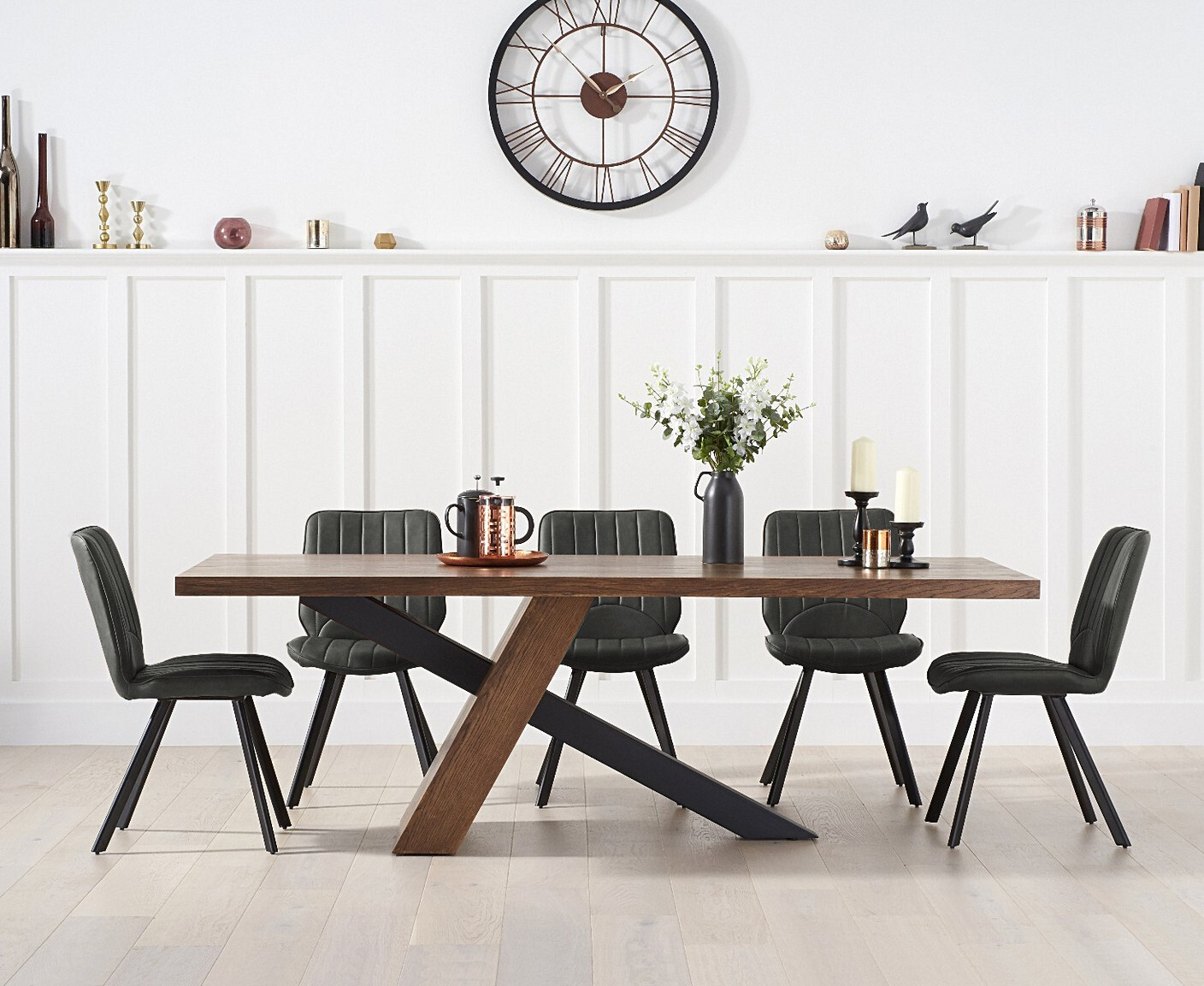 Photo 2 of Michigan 180cm rustic oak and metal black leg industrial dining table with 6 grey hendrick chairs