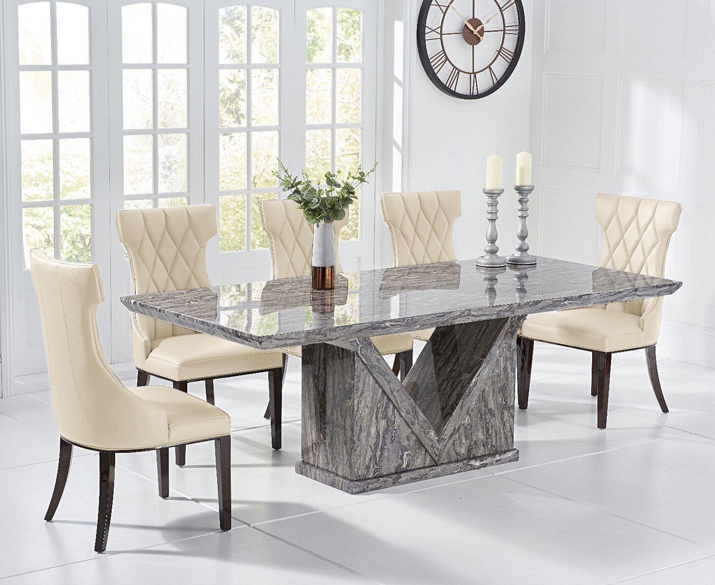 Product photograph of Milan 180cm Grey Marble Dining Table With 8 Cream Sophia Chairs from Oak Furniture Superstore