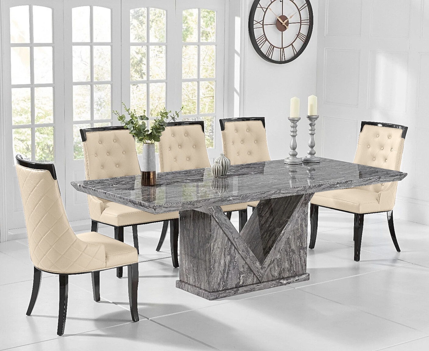 Milan 220cm Grey Marble Dining Table With 12 Cream Francesca Chairs
