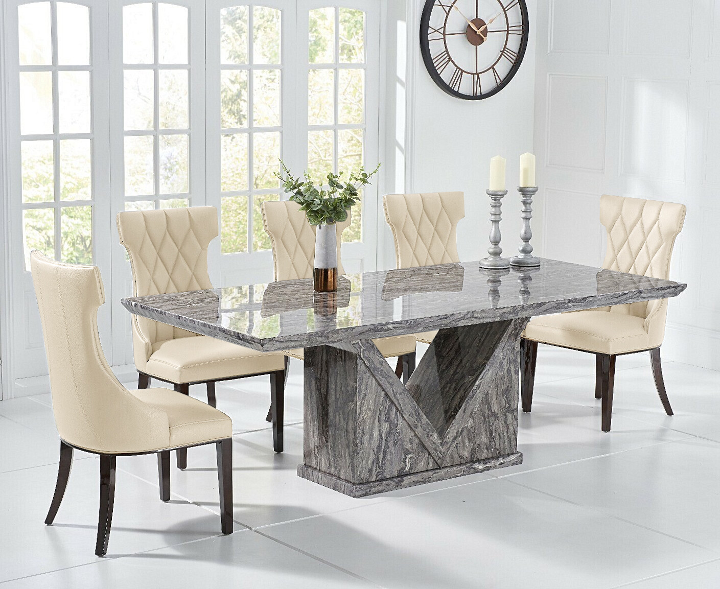 Product photograph of Milan 220cm Grey Marble Dining Table With 12 Cream Sophia Chairs from Oak Furniture Superstore