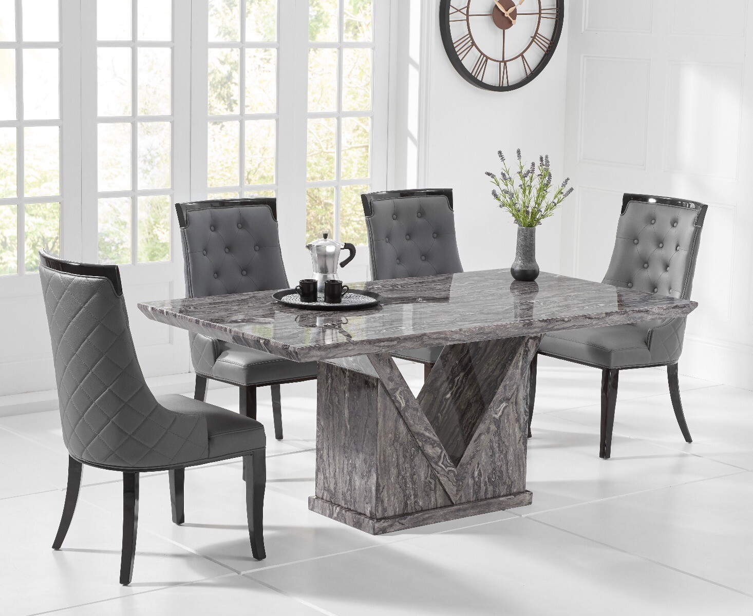 Product photograph of Mocha 160cm Grey Marble Dining Table With 6 Cream Francesca Chairs from Oak Furniture Superstore