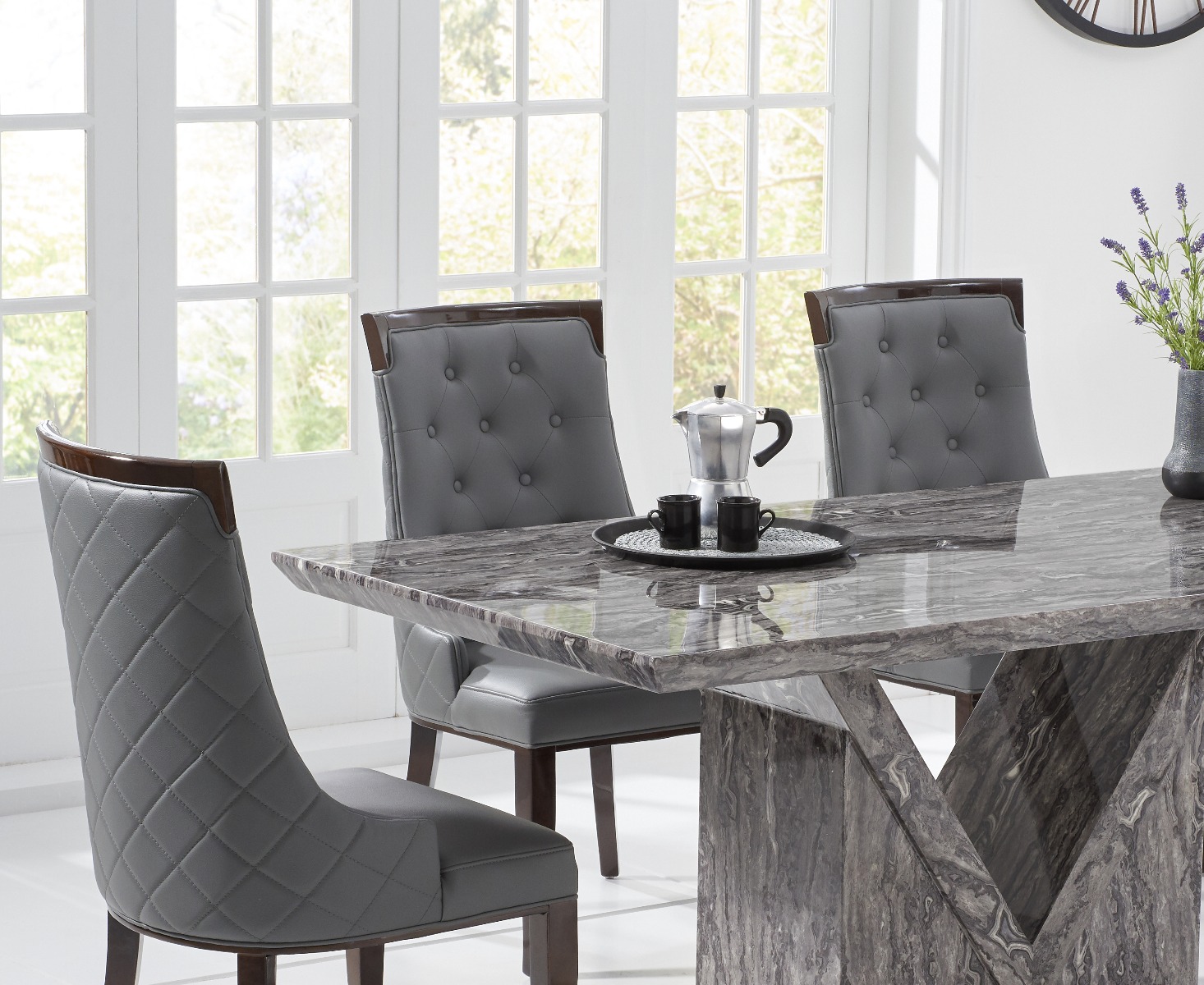 Photo 1 of Mocha 160cm grey marble dining table with 4 cream francesca chairs