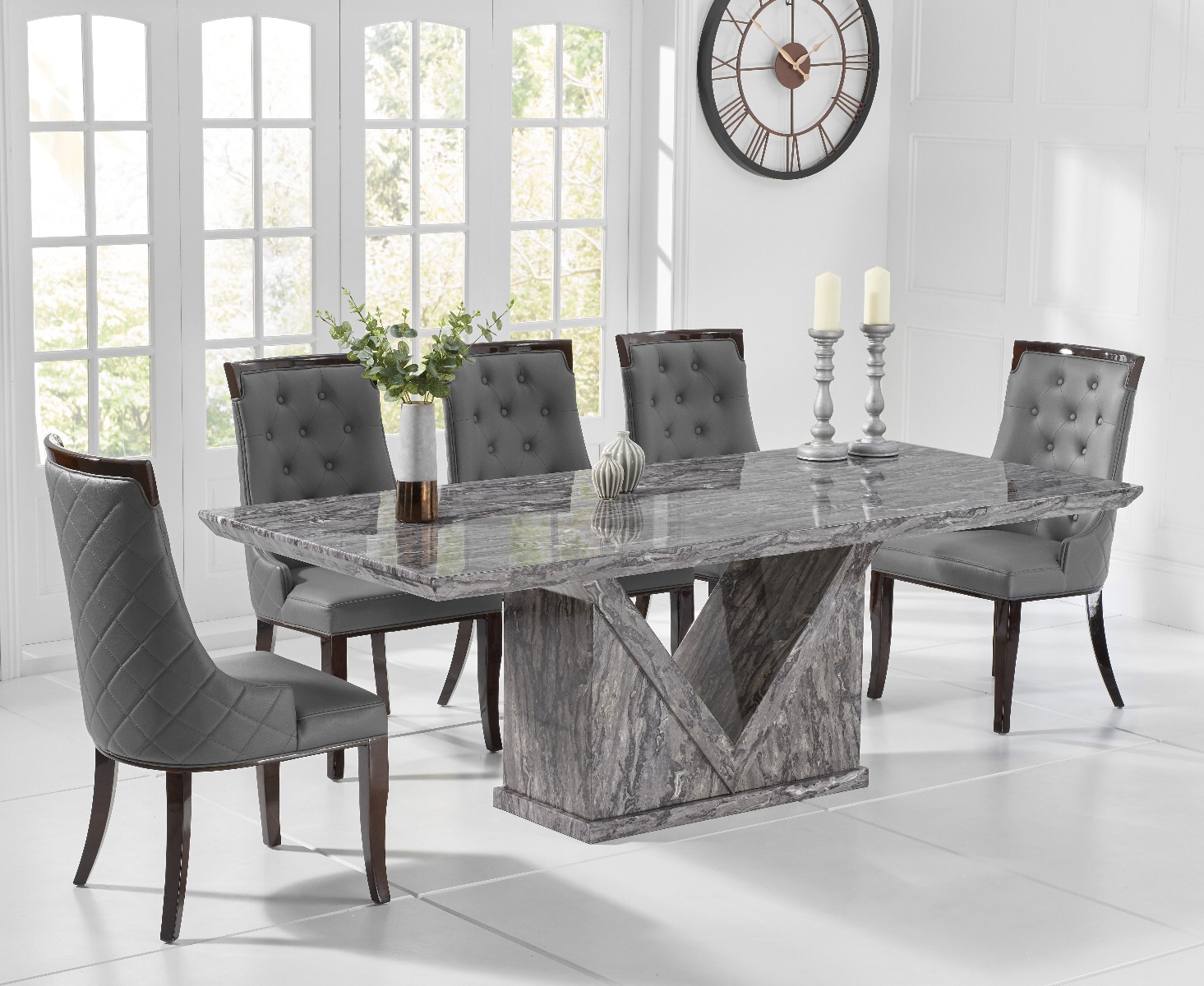 Product photograph of Milan 180cm Grey Marble Dining Table With 8 Cream Francesca Chairs from Oak Furniture Superstore