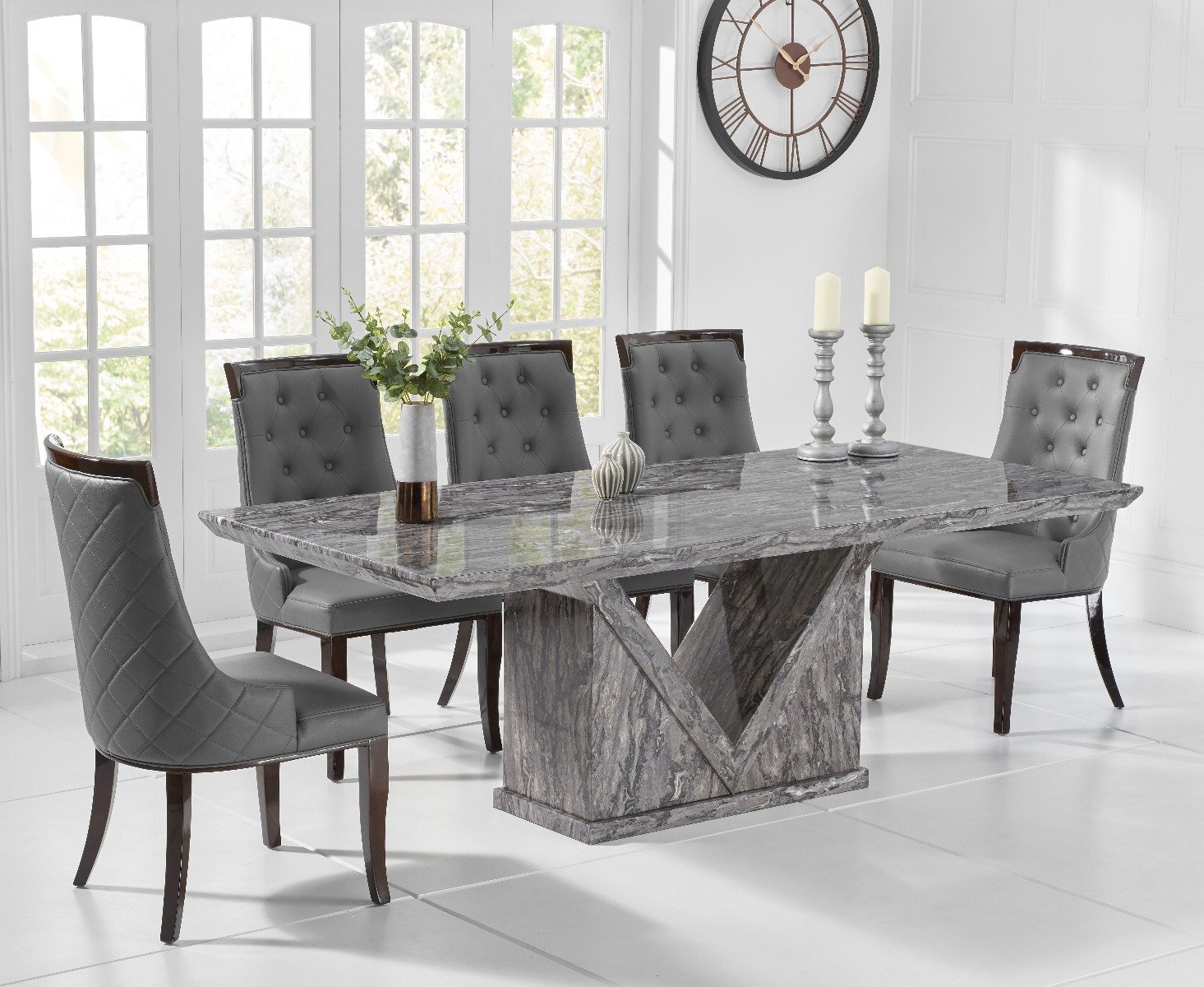 Milan 180cm Grey Marble Dining Table With 8 Grey Francesca Chairs
