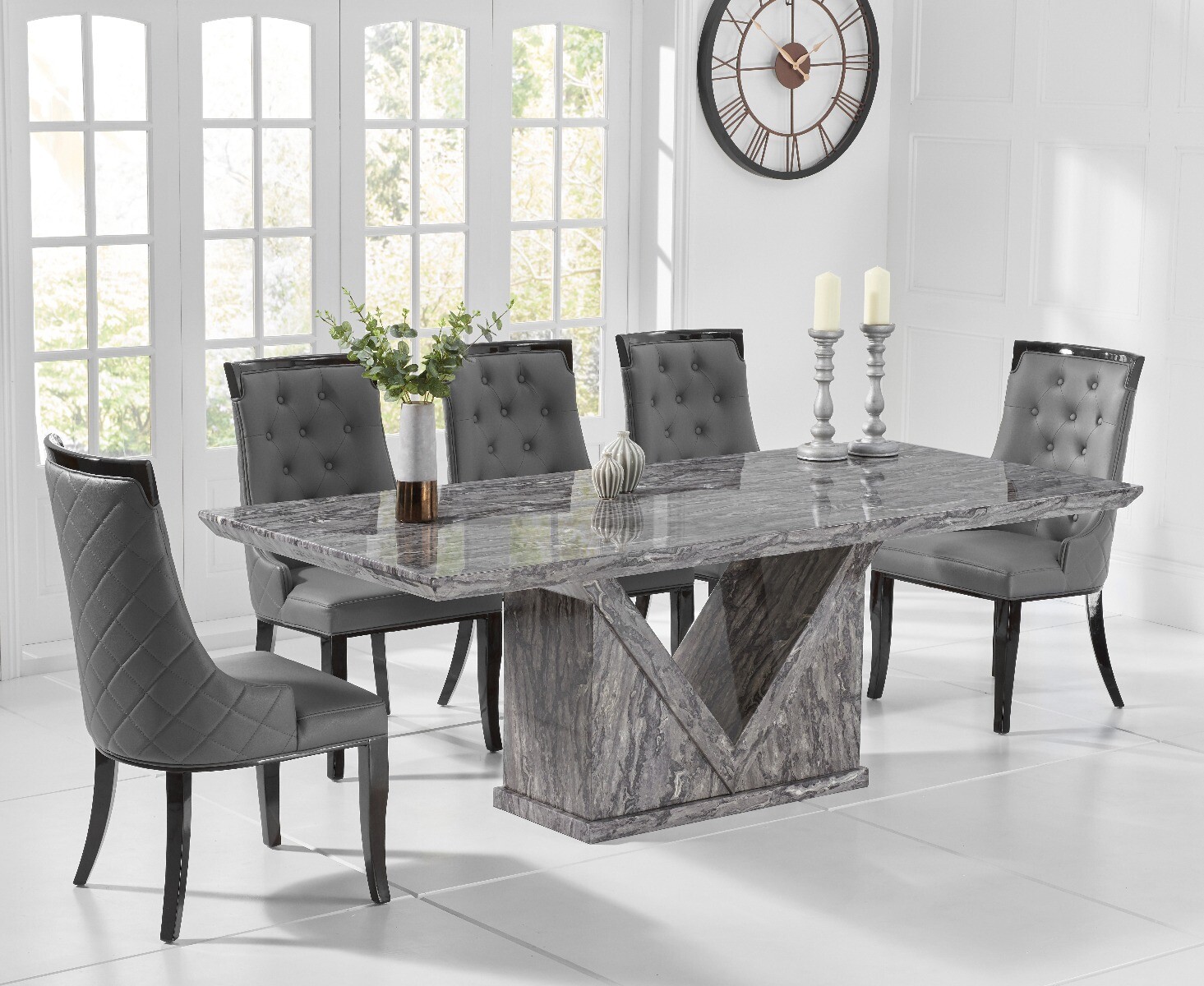 Mocha 220cm Grey Marble Dining Table With 6 Cream Francesca Chairs