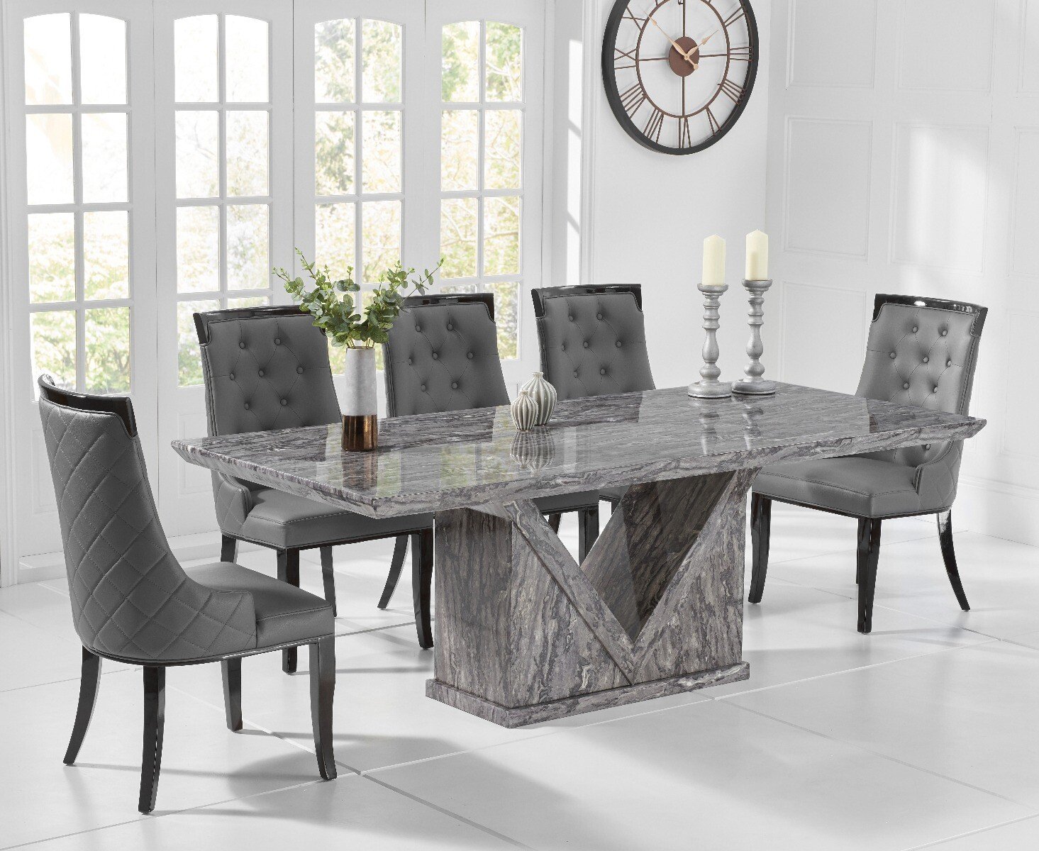 Milan 220cm Grey Marble Dining Table With 8 Grey Francesca Chairs