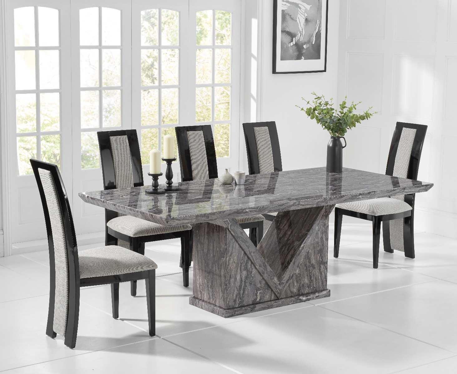 Product photograph of Milan 180cm Grey Marble Dining Table With 6 Black Novara Chairs from Oak Furniture Superstore