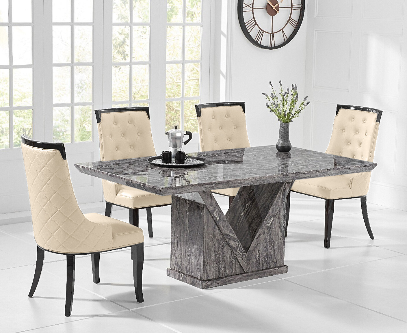 Product photograph of Milan 160cm Grey Marble Dining Table With 6 Grey Francesca Chairs from Oak Furniture Superstore
