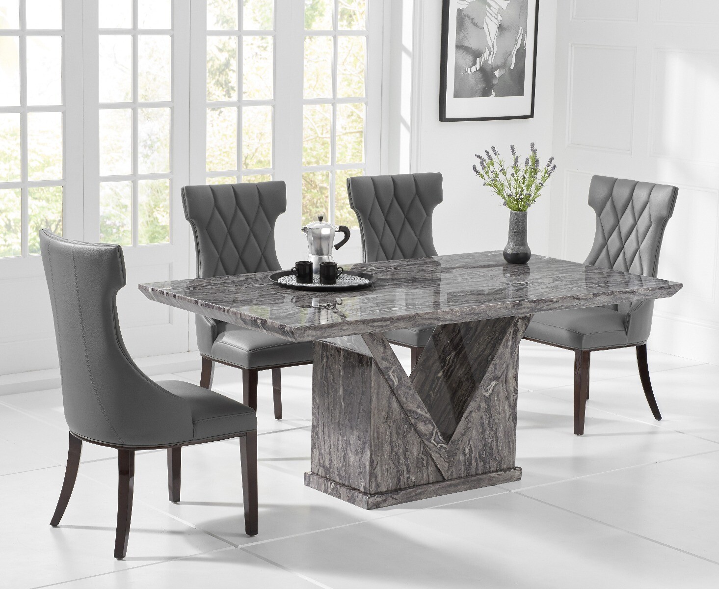 Mocha 160cm Grey Marble Dining Table With 6 Grey Sophia Chairs