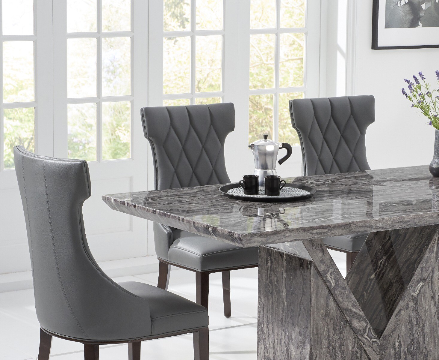 Photo 1 of Milan 160cm grey marble dining table with 6 grey sophia chairs