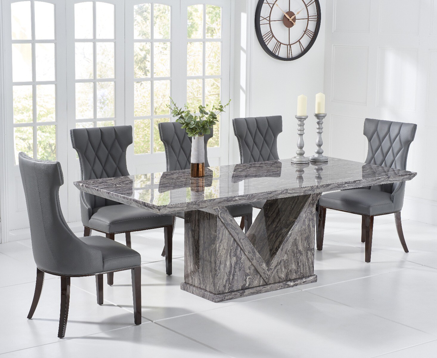 Product photograph of Milan 180cm Grey Marble Dining Table With 8 Grey Sophia Chairs from Oak Furniture Superstore