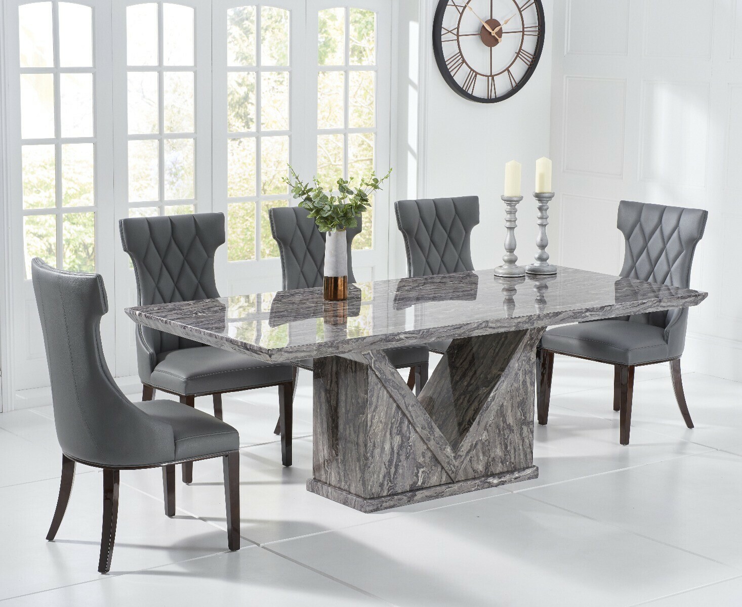 Product photograph of Milan 220cm Grey Marble Dining Table With 12 Grey Sophia Chairs from Oak Furniture Superstore