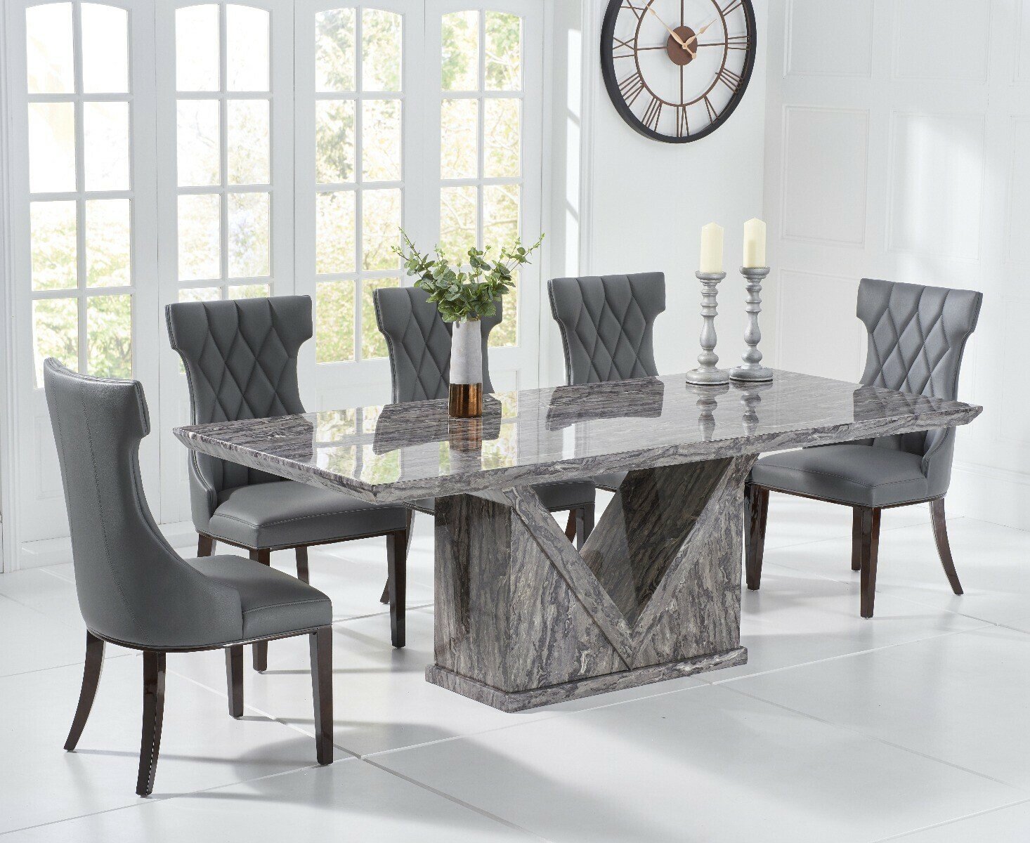 Milan 220cm Grey Marble Dining Table With 8 Grey Sophia Chairs