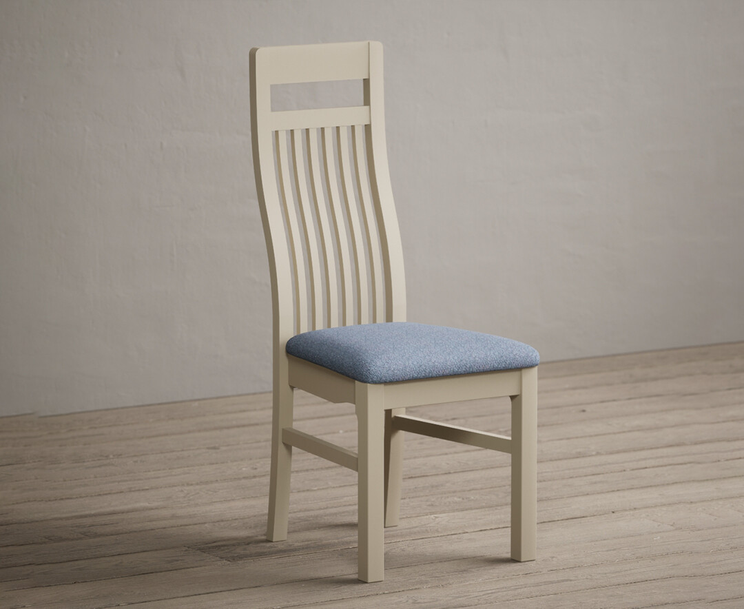 Product photograph of Monroe Cream Painted Dining Chairs With Blue Fabric Seat Pad from Oak Furniture Superstore.