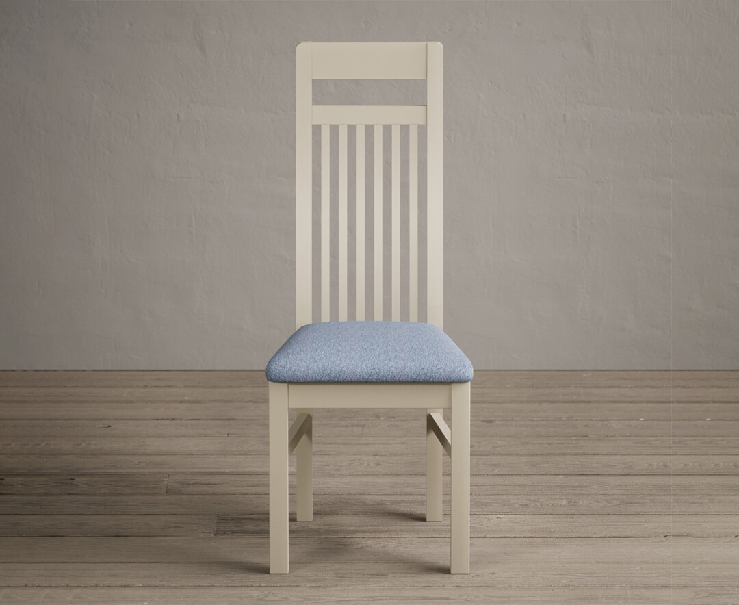 Product photograph of Monroe Cream Painted Dining Chairs With Blue Fabric Seat Pad from Oak Furniture Superstore