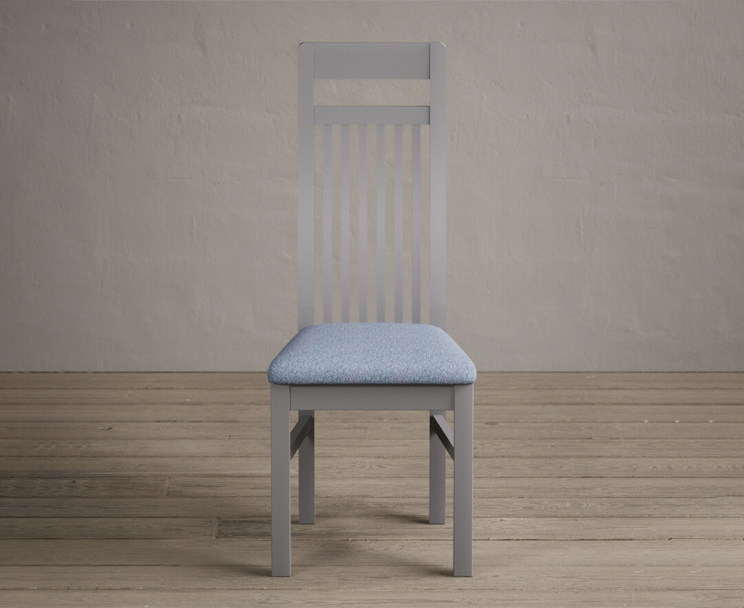 Product photograph of Monroe Light Grey Painted Dining Chairs With Blue Fabric Seat Pad from Oak Furniture Superstore