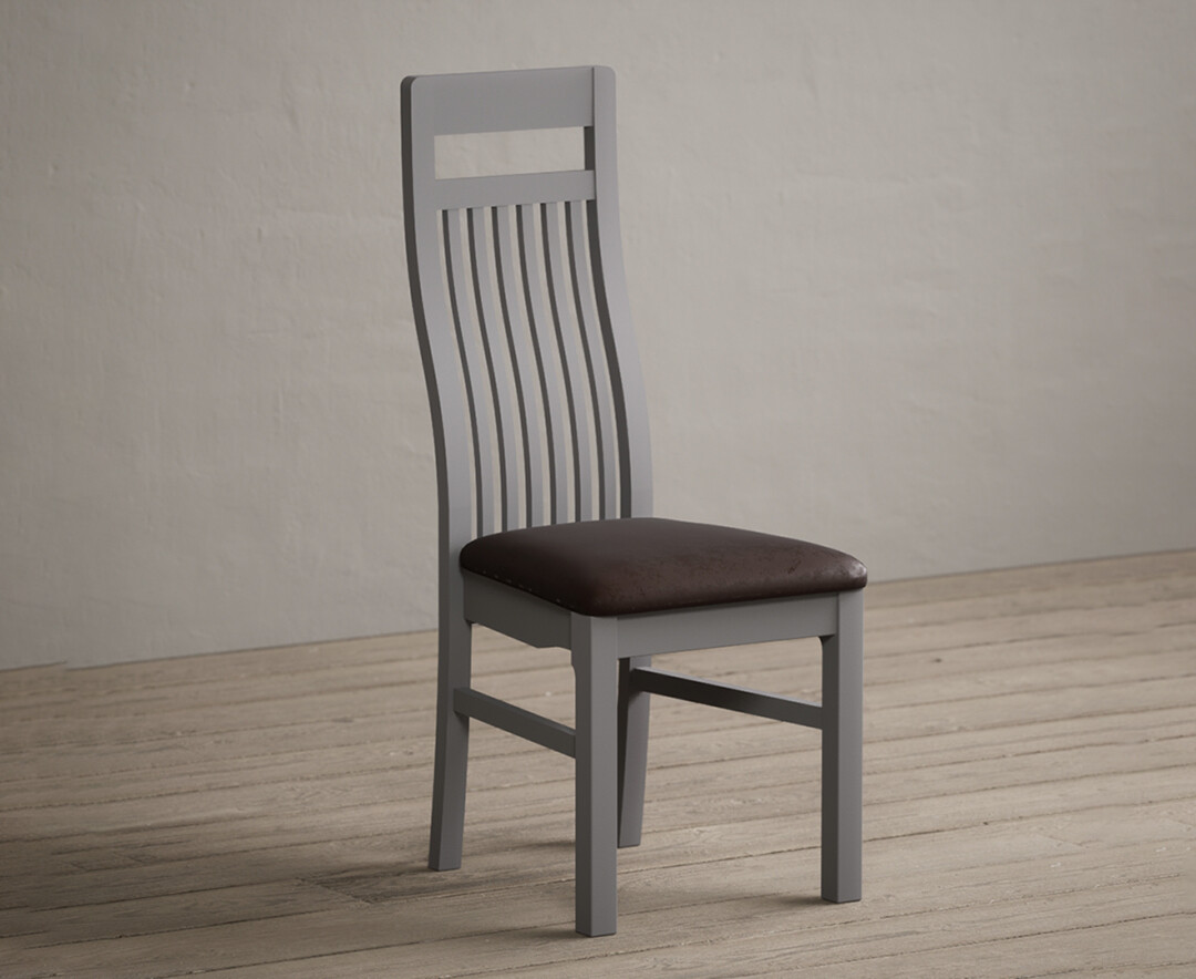 Product photograph of Monroe Light Grey Painted Dining Chairs With Brown Suede Seat Pad from Oak Furniture Superstore.
