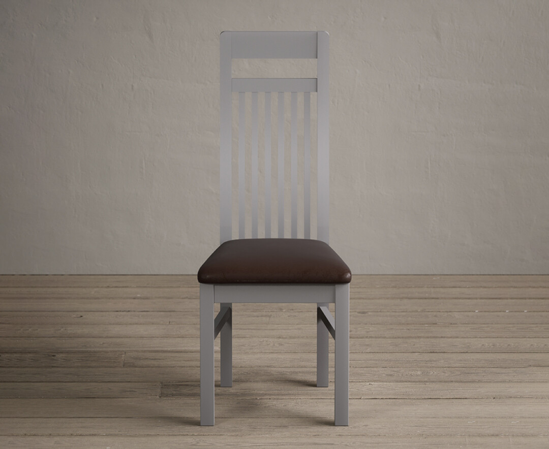 Product photograph of Monroe Light Grey Painted Dining Chairs With Brown Suede Seat Pad from Oak Furniture Superstore
