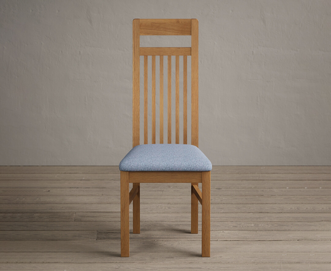 Product photograph of Monroe Solid Oak Dining Chairs With Blue Fabric Seat Pad from Oak Furniture Superstore