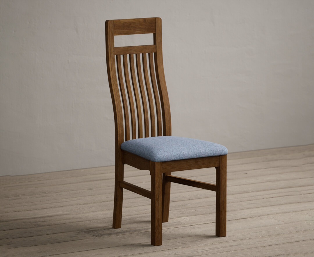 Photo 1 of Monroe rustic oak dining chairs with blue fabric seat pad