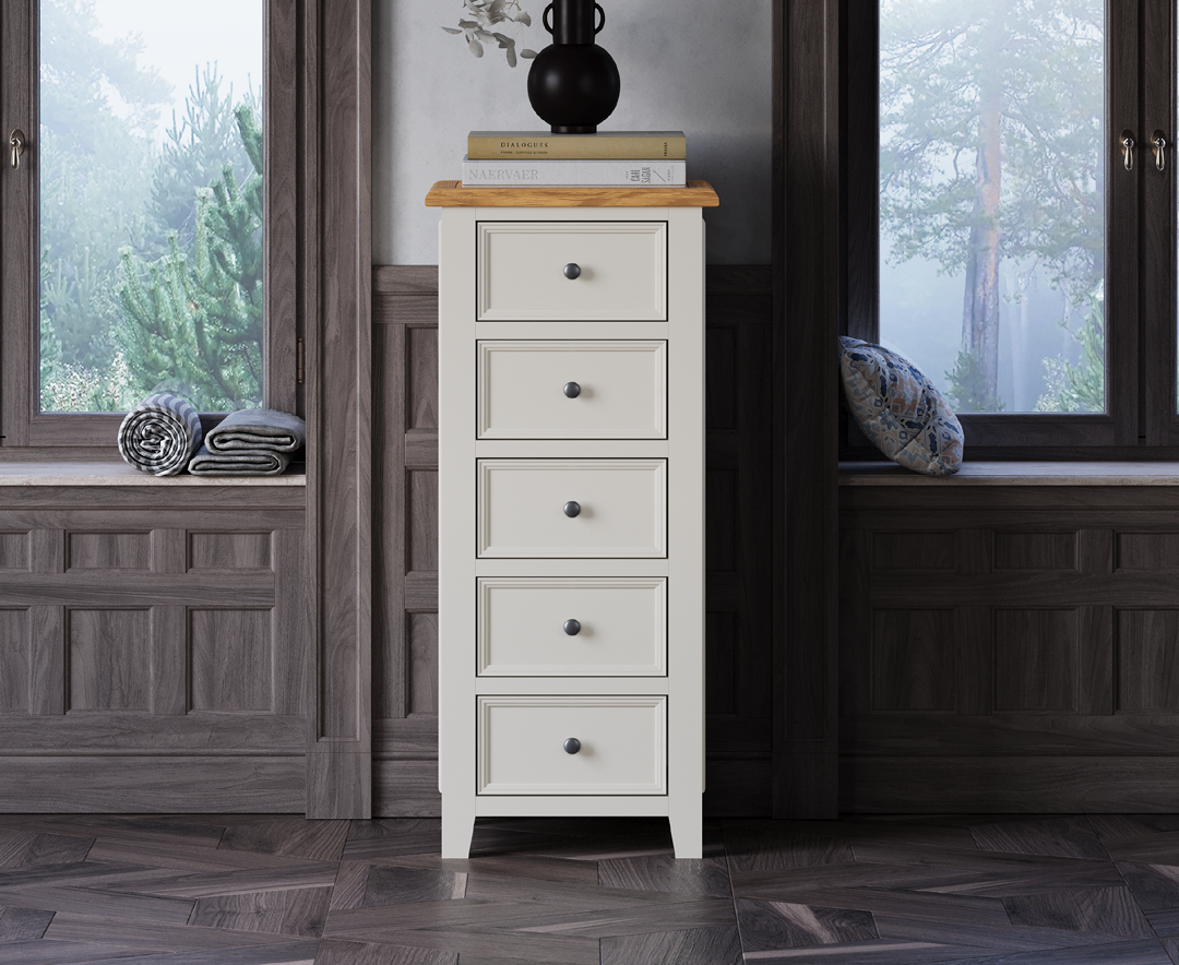 Weymouth Oak and Soft White Painted 5 Drawer Tallboy
