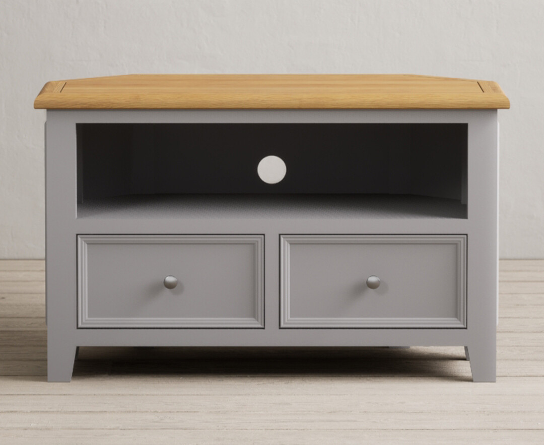 Product photograph of Weymouth Oak And Light Grey Painted Corner Tv Cabinet from Oak Furniture Superstore