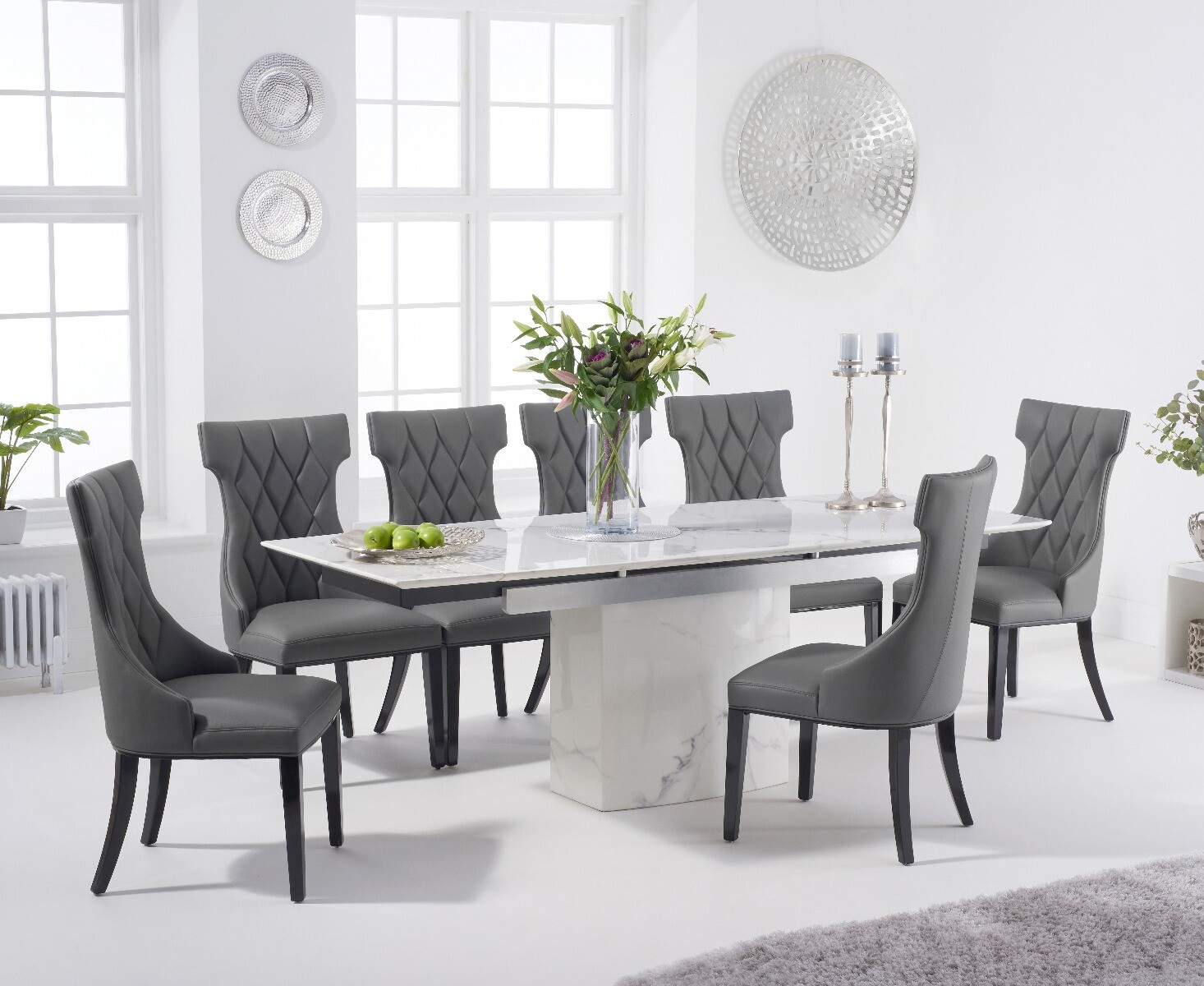 Product photograph of Metropolis 160cm Extending White Marble Dining Table With 4 Grey Sophia Chairs from Oak Furniture Superstore