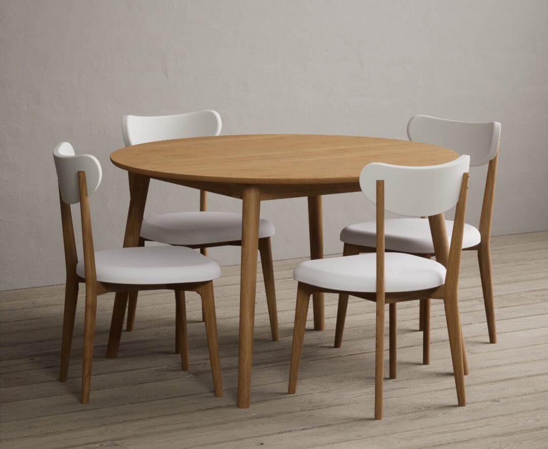 Nordic 120cm Round Solid Oak Dining Table With 4 White Nordic Chairs
