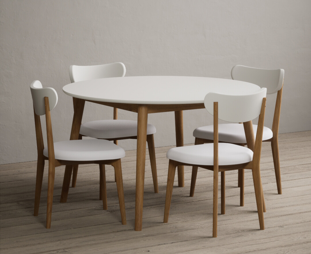 Nordic 120cm Round Oak And White Dining Table With 4 White Nordic Chairs