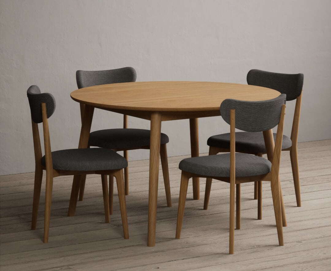 Nordic 120cm Round Solid Oak Dining Table With 4 Grey Nordic Chairs