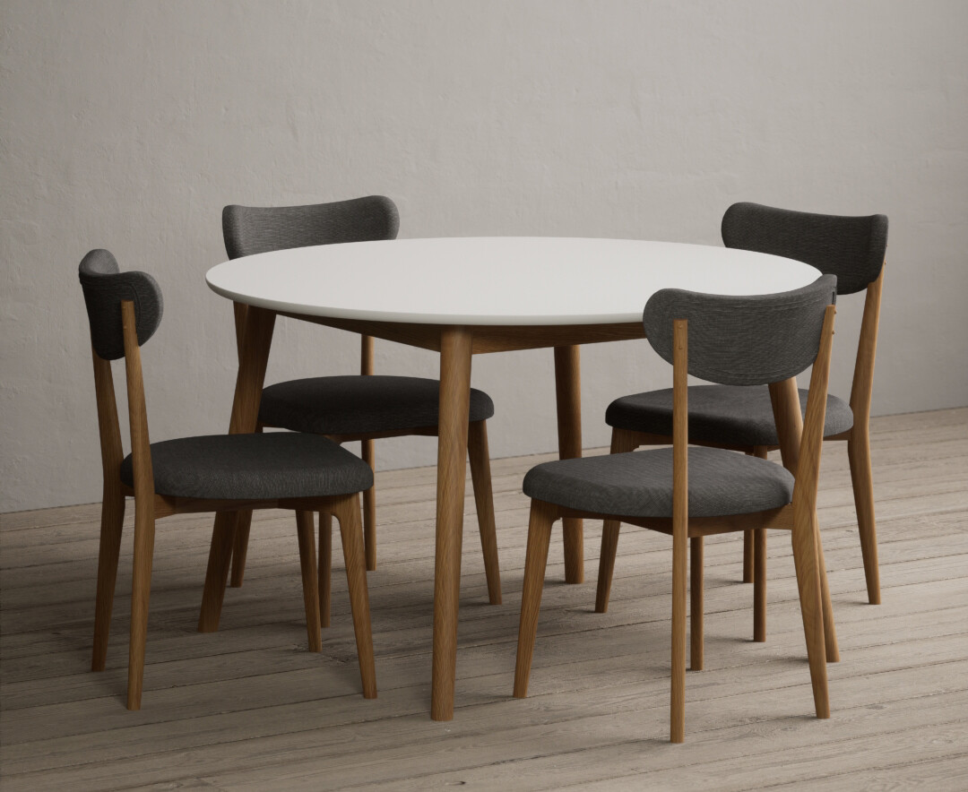 Nordic 120cm Round Oak And White Dining Table With 4 Grey Nordic Chairs