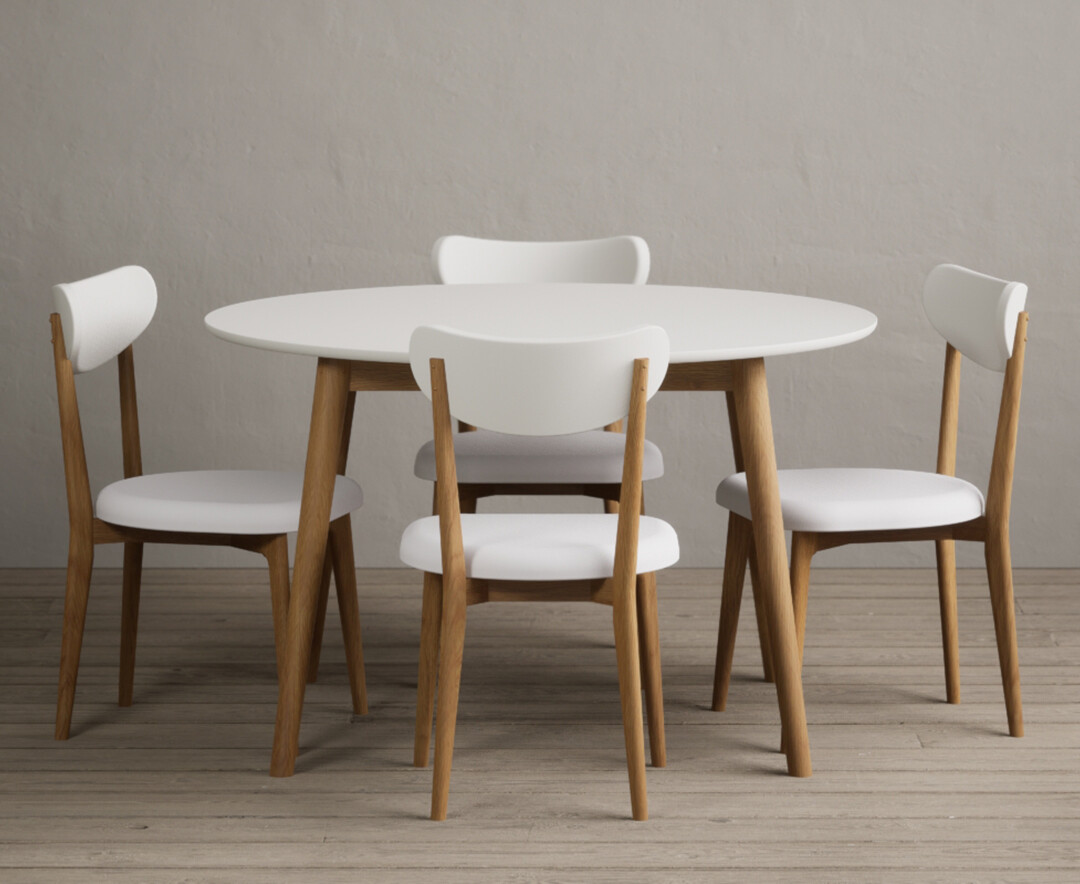 Photo 1 of Nordic 120cm round oak and white dining table with 4 white nordic chairs