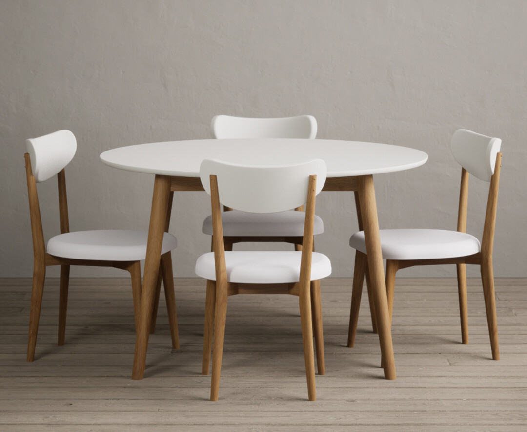 Product photograph of Nordic 120cm Round Solid Oak And Signal White Painted Dining Table With 4 White Nordic Chairs from Oak Furniture Superstore