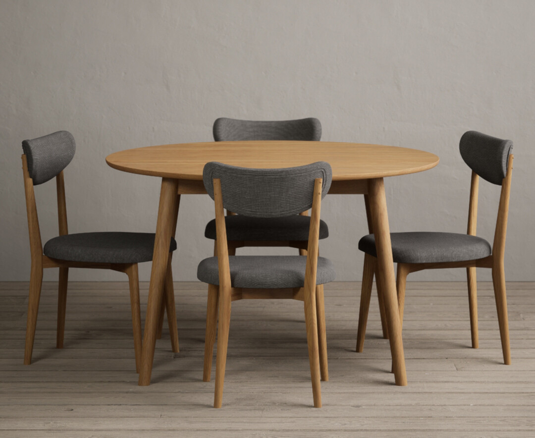 Product photograph of Nordic 120cm Round Solid Oak Dining Table With 4 Grey Nordic Chairs from Oak Furniture Superstore