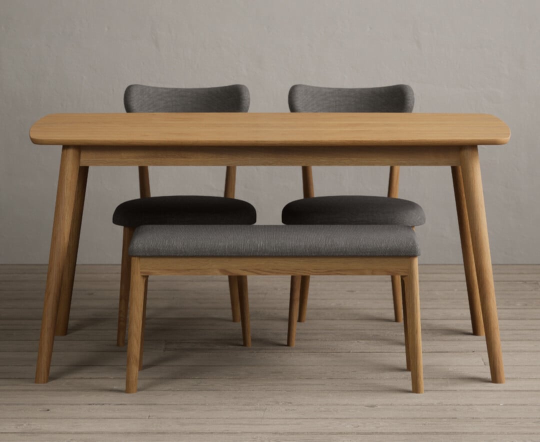 Nordic 150cm Solid Oak Dining Table With 4 Grey Nordic Chairs And 2 Grey Nordic Benches
