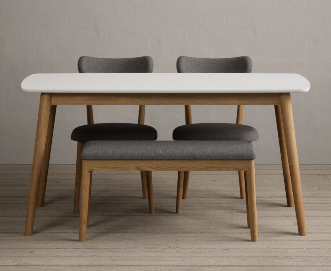 Product photograph of Nordic 150cm Solid Oak And Signal White Painted Dining Table With 4 Grey Nordic Chairs And 2 Grey Nordic Benches from Oak Furniture Superstore