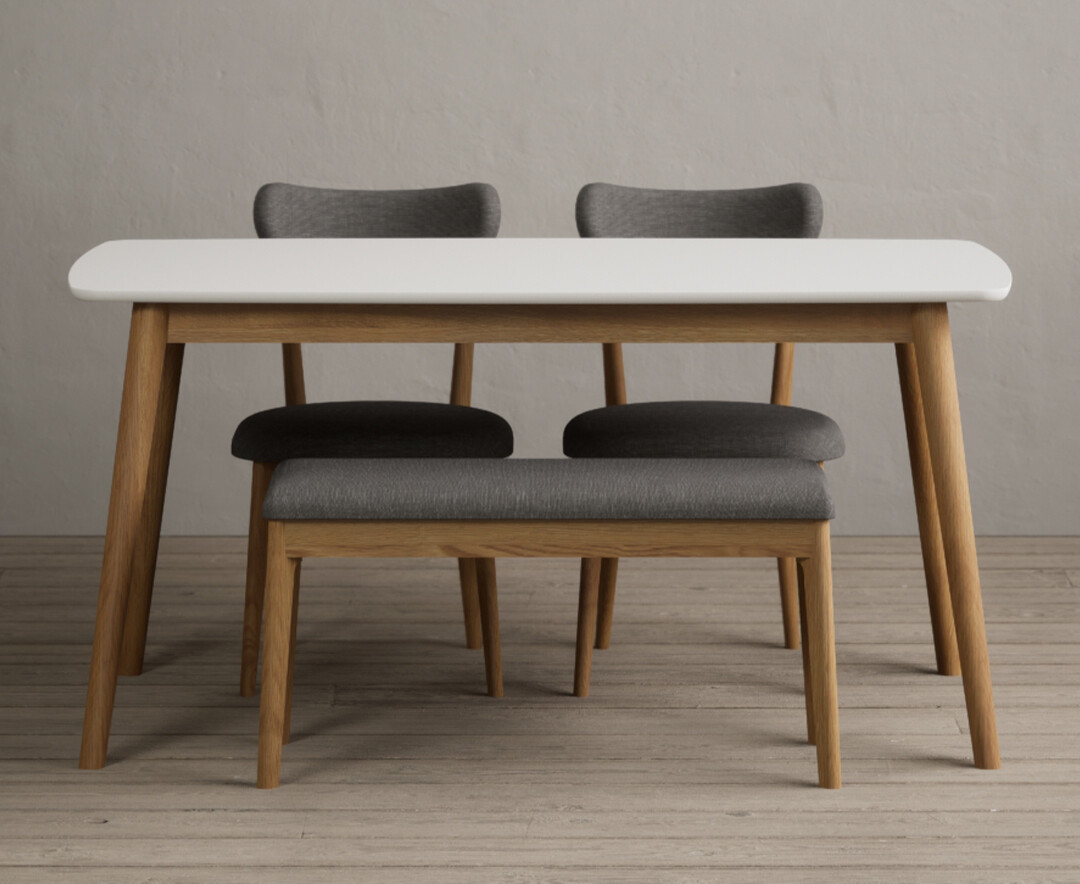 Nordic 150cm Solid Oak And Signal White Painted Dining Table With 4 White Nordic Chairs And 2 Grey Nordic Benches