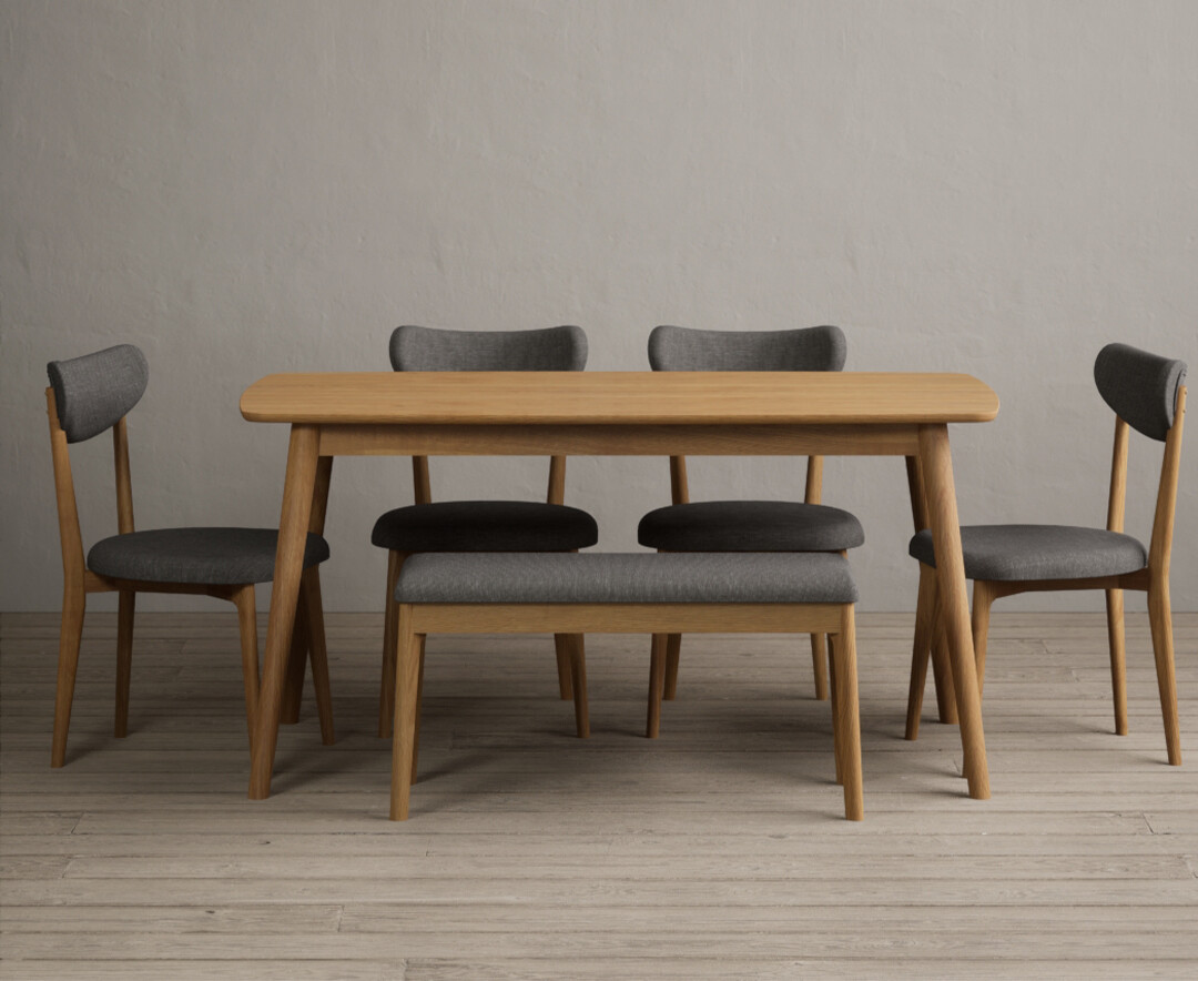 Photo 1 of Nordic 150cm solid oak dining table with 4 white nordic chairs and 1 grey nordic benches